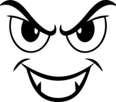 Evil Grin Cartoon Face, Angry Expression, Fangs Silhouette, Dark Eye Brows, Horror Element, Mascot Black And White vector
