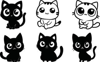Collection of Cute Cartoon Cats Black and White Outlines, Playful Kittens, Minimalist for Children's Design vector