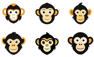 Six Cartoon Monkey Faces with Unique Color Accents and Expressions on a White Background, Fun and Playful vector