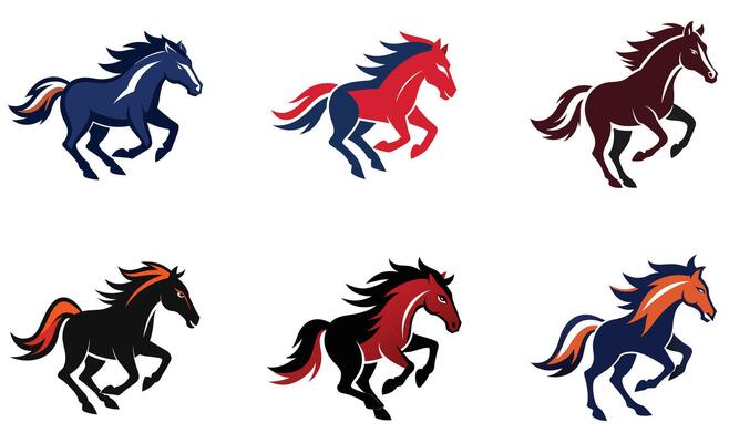 Colorful Running Horses Collection on White Background, Mascot Animal Symbol, Stallion Silhouette, Horse Racing Emblem, Decorative Element