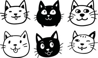 Hand Drawn Whimsical Cats Collection Cute Kitten Faces with Playful Expressions Black and White Line Art vector