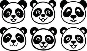 Collection of Six Cute Panda Bear Heads with Different Smiling Expressions in Black and White Silhouette vector