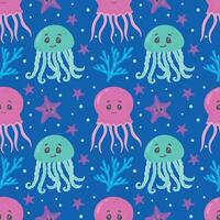Seamless marine pattern featuring jellyfish, seahorses, starfish, corals and algae. Ideal for fabric, textiles, wallpaper. pattern depicting marine life vector