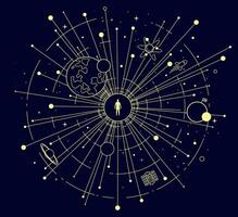 Human at the Center of Space and Technology. Cosmic Exploration. Cosmic astrology map with stars and constellations vector