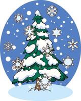 Fir tree with snow. Winter snow-covered spruce. Green fluffy pine isolated on white background vector
