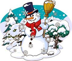 Cute cartoon snowman wearing a hat and scarf. Winter illustration on a background with snowy trees vector