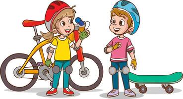 Happy little girl in helmet and boy in helmet smiling talking.skateboard and bicycle in background vector