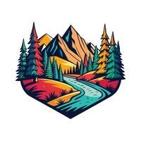 a mountain hiking scene featuring trees and a river, designed in a simple yet detailed linocut style vector