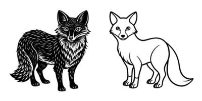 Sidebyside illustrations of foxes. One is a detailed black ink drawing, the other a simple line art outline. Both depict foxes standing, facing forward. vector