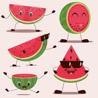 Set of live watermelons. Illustration with live funny fruits, live watermelon slices in glasses for vision, sunscreen with a beard and mustache. Funny stickers stickers. vector