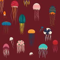 set of funny little colorful jellyfish. Illustration with many jellyfish that swim in the ocean sea. Set of pictures and stickers with jellyfish. vector