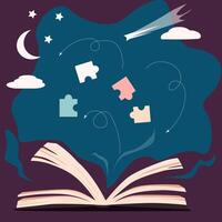 Magic book puzzle. illustration open book puzzle. Magic world that broke out of the book vector