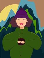 Girl with braces on the background of mountains with a cup of coffee or a cold drink in her hands. Illustration of a girl with a mug in a green jacket. Background image cover sticker vector