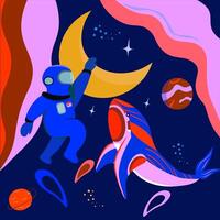 Travel to the center of the universe on a spaceship. Illustration space astronaut space whale flowers and moon. Colorful picture poster night in space vector
