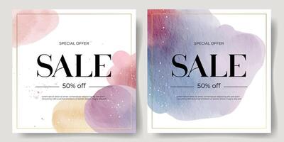Set of watercolor backgrounds with text. Hand drawn abstract shapes template. Sale banner with watercolor stains vector