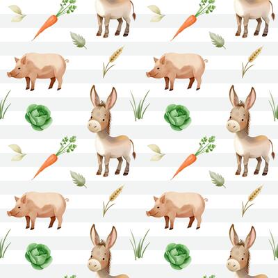 Seamless pattern with cute watercolor donkey, pig and vegetables. Domestic animals. Farm watercolor pattern.