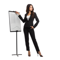 Business presentation a woman in a suit pointing at a virtual chart in a modern office environment png