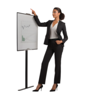 Businesswoman presenting virtual data insights in office setting engaging presentation professional environment png