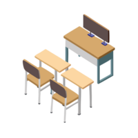 A realistic photo of an empty classroom with desks and chairs educational setting indoor environment wide angle perspective png
