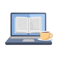 Digital workspace setup open laptop with book and coffee cozy home office tech and lifestyle modern viewpoint png
