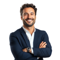 A man in a suit smiling with his arms crossed png