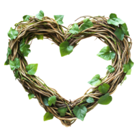 Heart Shaped Wreath Crafted From Twigs and Green Leaves on Black png