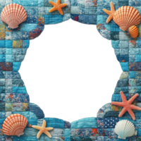a whimsical frame made of patchwork fabric and adorned with seashells and starfish, perfect for adding a touch of seaside charm png