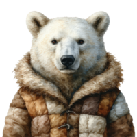 a polar bear wearing a winter jacket, staring at the viewer with a serious expression png