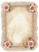 a vintage frame with delicate lace and floral decorations. It has a rustic and elegant feel with a blank center for text or images png