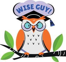 A flat sticker of wise owl sitting on a tree branch vector