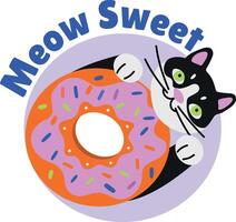 A flat style sticker of a cat donut with meow sweet typography vector