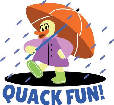 Flat sticker of a duck enjoying rain with quack fun typography vector