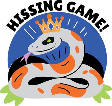 Flat style sticker of a crowned snake with hissing game typography vector