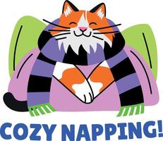 A flat style sticker of a cat with cozy napping typography vector
