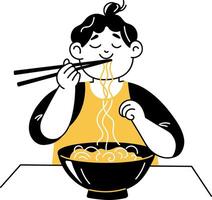 Doodle illustration of a character eating noodles with chopsticks vector