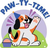 Flat style sticker of a cute dog with party time typography, vector
