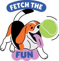 Flat sticker of a dog toy with fetch the fun typography vector