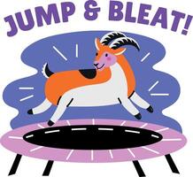 Flat sticker of a jumping goat on a trampoline with jump and bleat typography vector