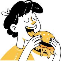A doodle style illustration of a character eating burger vector