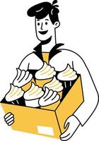 Doodle illustration of a smiling character doing cupcake delivery vector