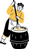 Man mixing kimchi with a big spoon in barrel, hand drawn illustration vector