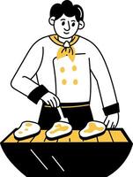 Doodle illustration of a chef grilling steak vector