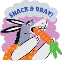 Flat style sticker of a donkey eating carrot with snack and bray typography vector