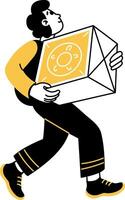 Walking character carrying a delivery box, doodle illustration vector
