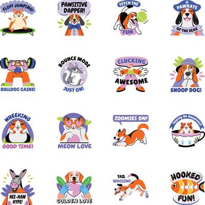 Collection of 16 Flat Style Pet Stickers
