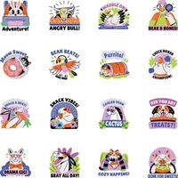 Collection of Funny Animals Flat Style Stickers vector