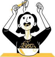 Doodle illustration of a messy eater enjoying noodles vector