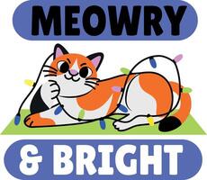 Flat style sticker of playing cat with meowry and bright typography vector