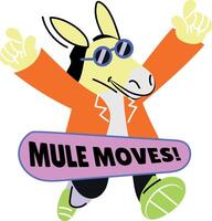Flat sticker of a dancing donkey with mule moves typography vector