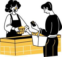 Customer paying food bill at checkout counter, doodle illustration vector